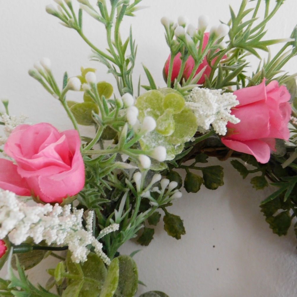 Dusty Miller Mini Wreath Eucalyptus Pink Roses Candle‎ Ring - Picture 4 of 7
